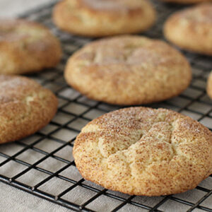 Freshly baked snickerdoodle cookies cooling on a black wire rack, topped with a light dusting of cinnamon sugar. The cookies appear soft, thick, and slightly cracked on top.