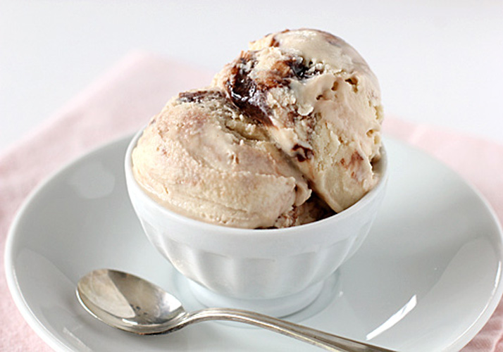 Two scoops of creamy ice cream with a swirl of chocolate in a white bowl, placed on a white saucer with a silver spoon beside it.