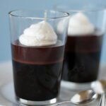 Two clear glasses filled with dark chocolate mousse, each topped with a swirl of whipped cream, are placed on a white plate next to two metal spoons against a light blue background.