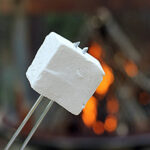A close-up of a marshmallow on a metal skewer held in front of a campfire with orange flames and logs in the background.