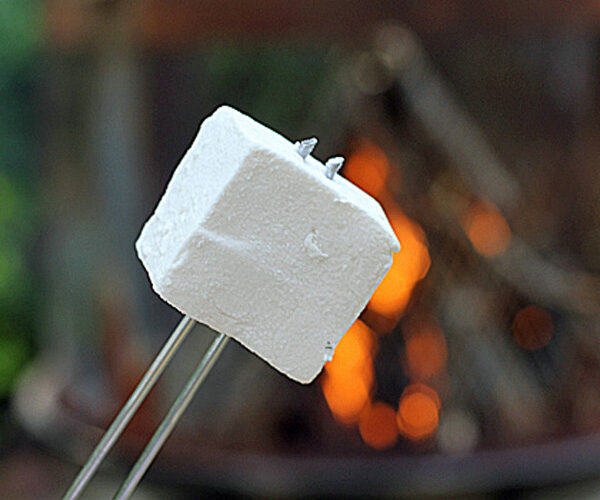 A close-up of a marshmallow on a metal skewer held in front of a campfire with orange flames and logs in the background.