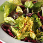 A close-up of a fresh salad with green and purple lettuce leaves, topped with a light vinaigrette dressing, served in a white bowl with a fork on the side.