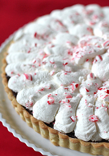 A close-up of a tart with a golden crust, topped with fluffy white whipped cream and sprinkled with crushed peppermint candy, set on a white plate against a red background.