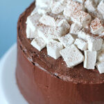 A chocolate frosted cake topped with a generous layer of powdered sugar-dusted marshmallows, displayed on a white cake stand against a light blue background.