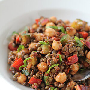 A white bowl filled with a colorful salad made of lentils, chickpeas, diced red peppers, cucumbers, herbs, and spices, with a spoon to the side.