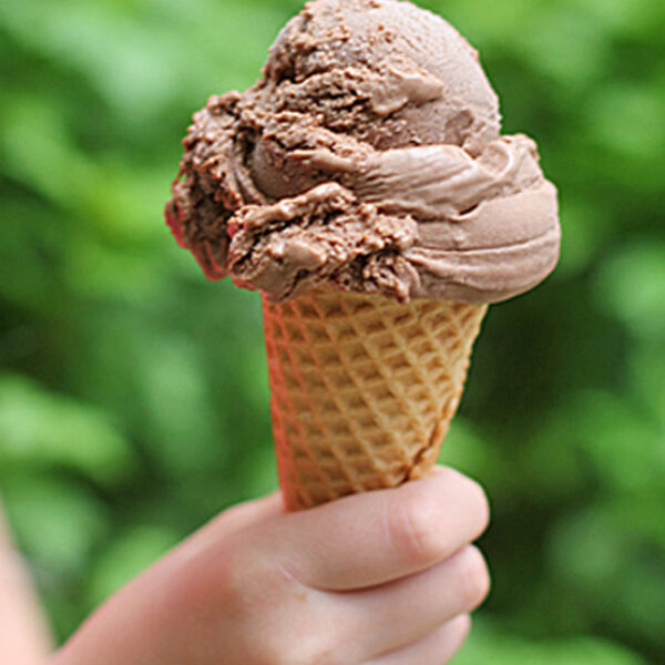 A hand holding a waffle cone with a scoop of chocolate ice cream against a blurred green background.