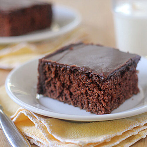 A slice of chocolate cake with glossy icing sits on a white plate, placed on yellow napkins. A fork and a glass of milk are nearby, with another cake slice in the background.