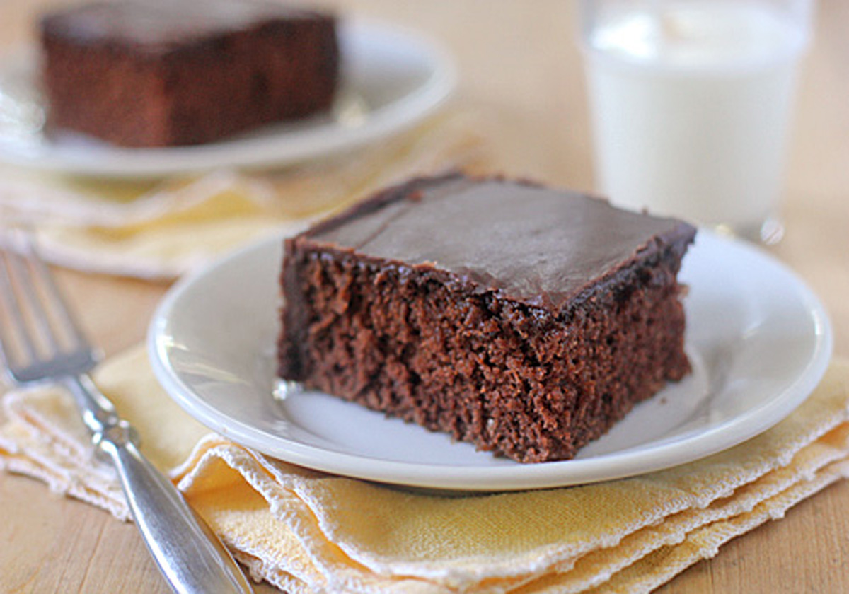 A slice of chocolate cake with glossy icing sits on a white plate, placed on yellow napkins. A fork and a glass of milk are nearby, with another cake slice in the background.