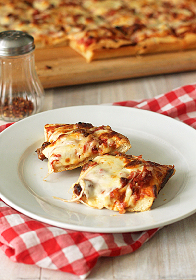 Two slices of cheesy pizza on a white plate, placed on a red and white checkered napkin. A pizza tray and a pepper shaker are in the background.