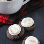 Three chocolate cookies topped with toasted marshmallows sit on a dark surface in front of a white mug holding more cookies. Behind the mug is a red and black checkered cloth.
