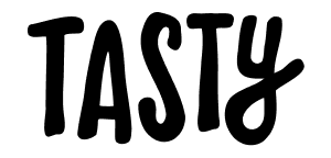 The word TASTY is written in bold, black, playful, handwritten-style letters on a light gray background.