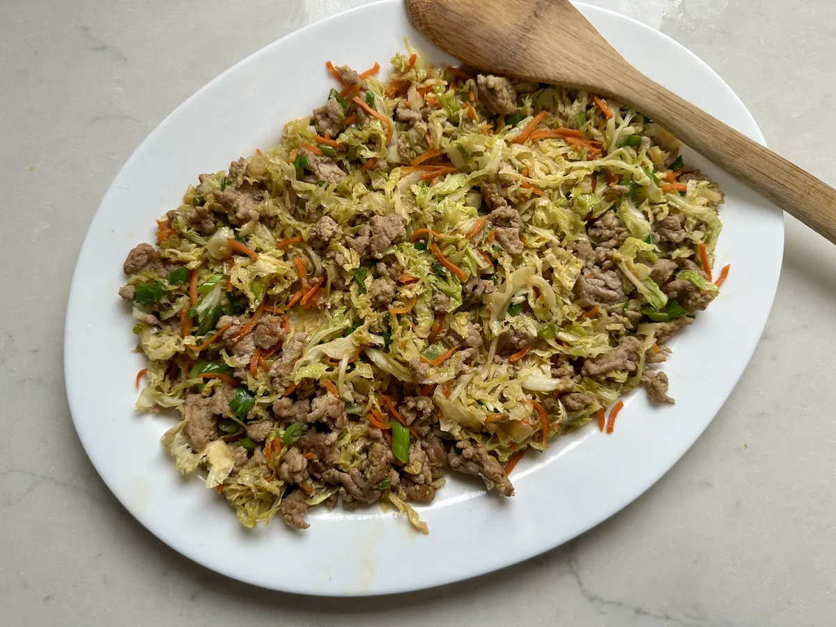 Oval white plate with a stir-fry of shredded cabbage, carrots, scallions, and ground meat, set on a light countertop. A wooden spoon rests on the edge of the plate.