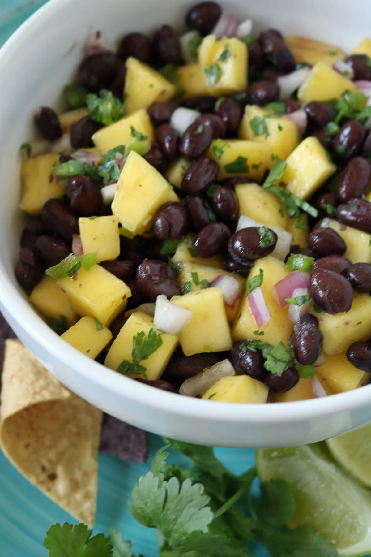 A bowl of mango black bean salsa with chopped mango, black beans, red onion, and cilantro. Tortilla chips, lime, and cilantro are on the side.