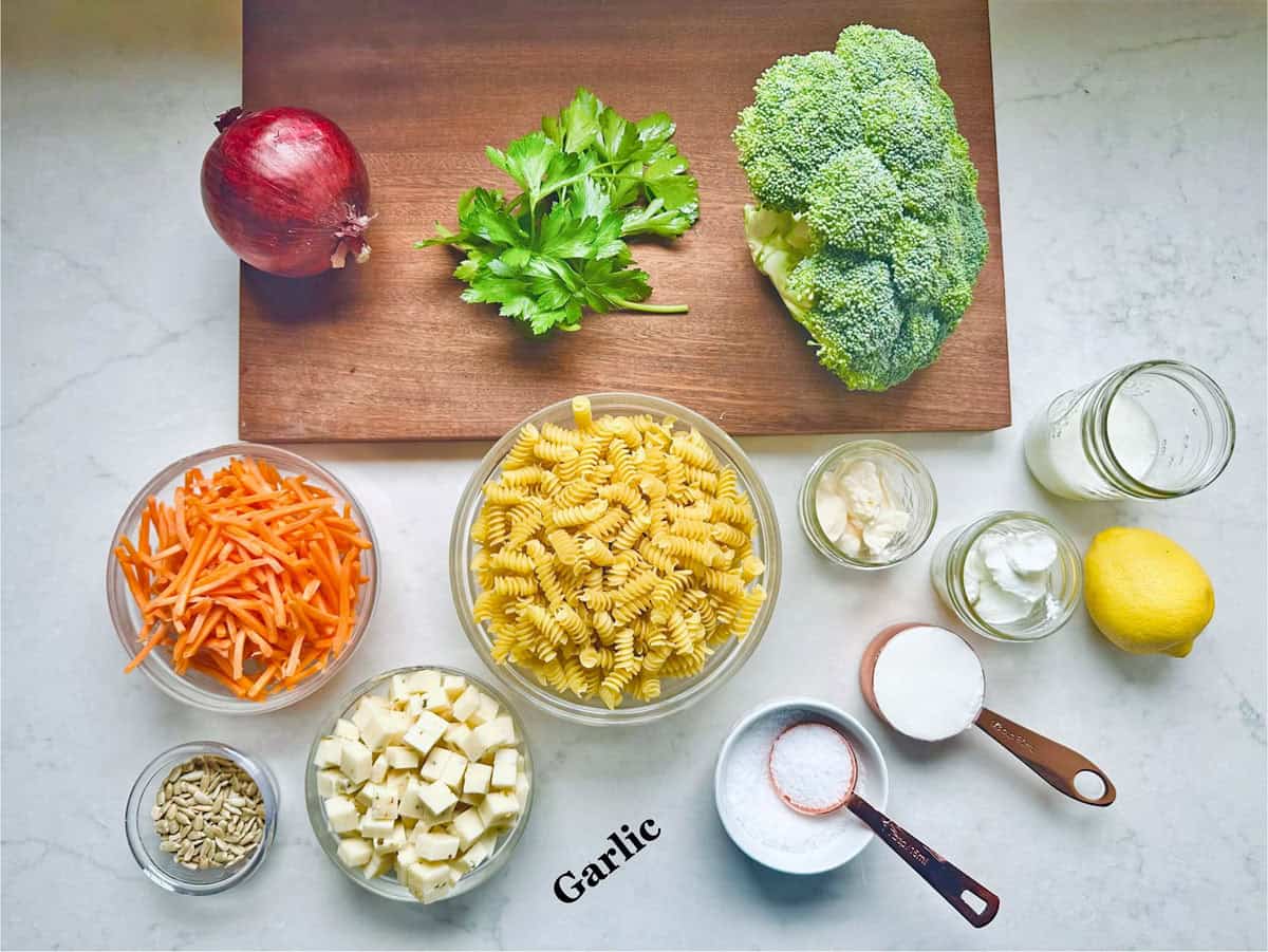 A variety of ingredients are arranged on a counter for Pasta Salad with Broccoli and Carrots: a red onion, parsley, broccoli, shredded carrots, cubed PepperJack Cheese, rotini pasta, garlic, sunflower seeds, lemon, salt, sour cream, oil, and a wooden cutting board.