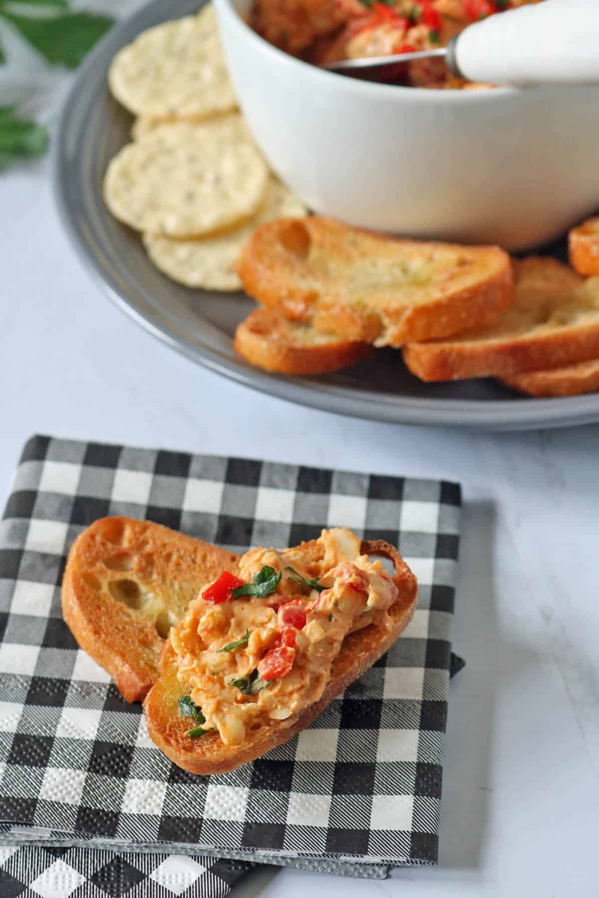 A toasted baguette slice topped with creamy Cypress Pimiento Cheese, packed with red peppers and herbs, rests on a black and white checkered napkin. In the background, a plate holds more toast, crackers, and a bowl of dip.