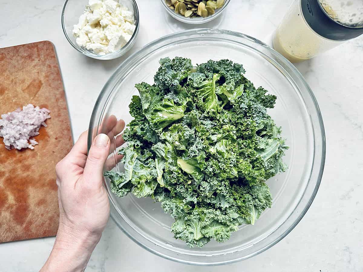 A hand holds a glass bowl filled with fresh kale, ready to become the star of a Kale Apple Harvest Salad. Nearby are chopped shallots on a cutting board, a bowl of crumbled cheese, pumpkin seeds, and a jar of salad dressing—all arranged on a white countertop.