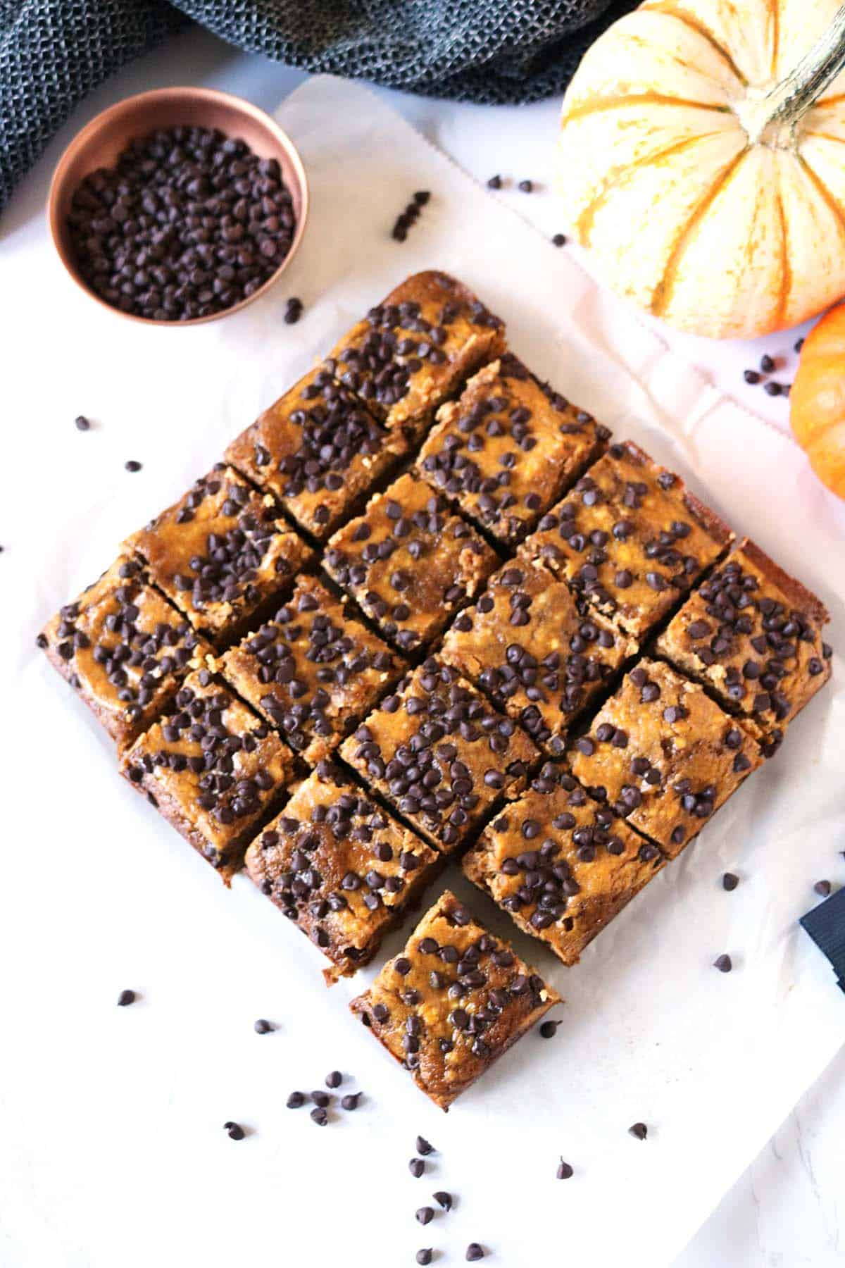 A square pan of pumpkin bars cut into sixteen pieces and topped with chocolate chips, next to a small bowl of chocolate chips and two small pumpkins.
